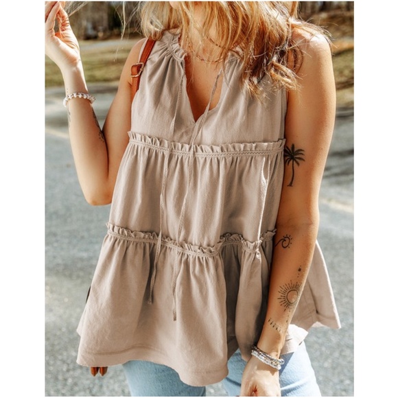 BellanBlue Tops - 038 Boho Khaki Neck Tie Tiered ruffle Tank top